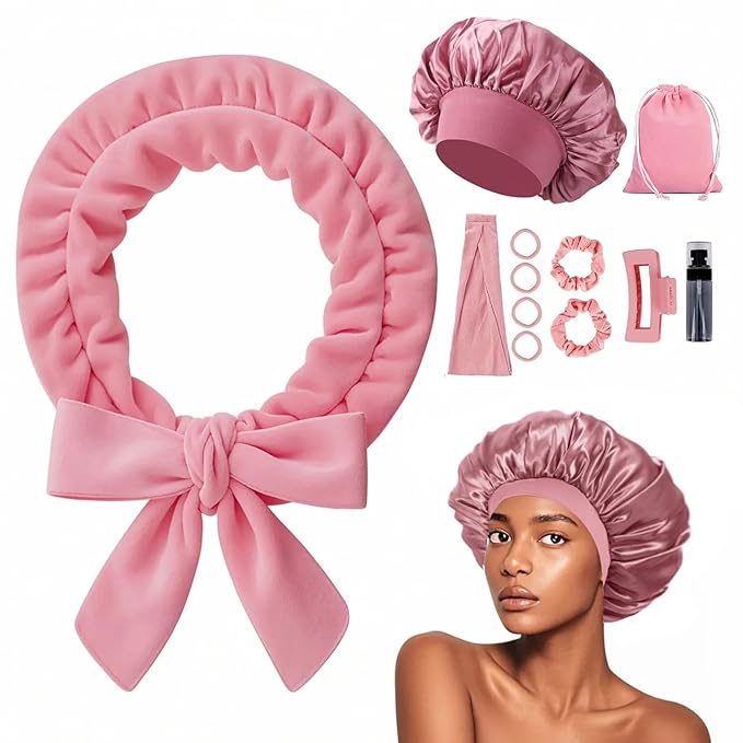 Heatless Curls Overnight Headband, 70'' No Heat Hair Curlers with Hair Bonnet for Sleeping, Light Pink