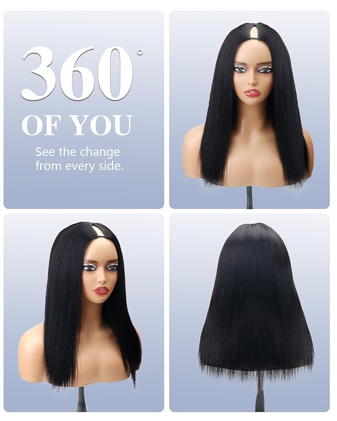 200% Density V Part Wigs Human Hair with Drawstring Yaki Straight Upgrade U Part Human Hair Wigs for Women Glueless Clip in Half Wigs Human Hair Magic Leave out 280g 24inch #1B Natural Black