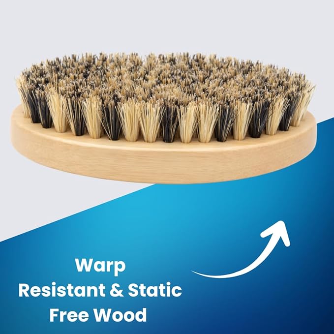 Beard Brush for Men, Natural Boar Bristles, Black Oval Wave Brush, Warp Resistant Wood Handle, for Fuller Thicker Hair, Beard & Mustache Growth, Exfoliation (Maize)