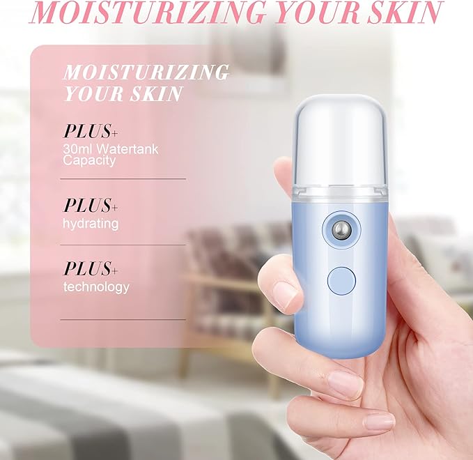 Honoson 2 Pack Nano Facial Mister Spray Bottle Handheld Humidifier Portable Face Mister for Eyelash Extensions USB Rechargeable 1 oz Mini Skin Care Machine for Daily Makeup(White and Blue)