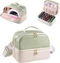 Nail Polish Organizer Holds 35 Bottles & Nail Lamp, Nail Organizers and Storage, Double Layer Nail Bag with Handle & Shoulder Strap for Travel, Nail Supplies Organizer for Manicure Kit (Green+Beige)