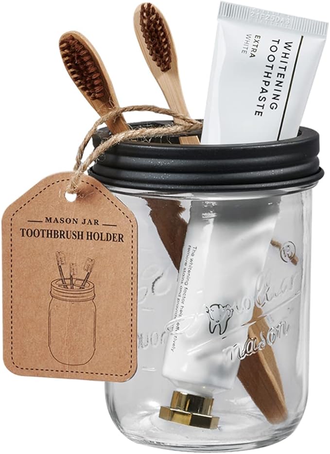 Amolliar Mason Jar Bathroom Accessories Set 4 Pcs -Lotion Soap Dispenser & 2 Cotton Swab Holders & Toothbrush Holder - Rustic Farmhouse Decor, Bathroom Home Decor, Perfect Decorating Idea (Black)