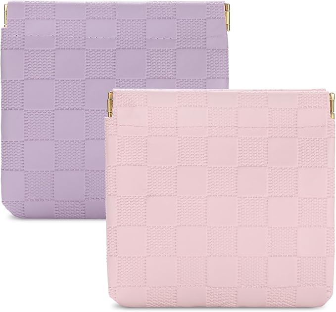Sightor 2PCS Small Makeup Bag for Purse, Mini Cosmetic Bag Waterproof Pouch for Women, Checkered Purse Self-closing Coin Lipstick Small Leather Cosmetic Pouch (Pink, Purple)