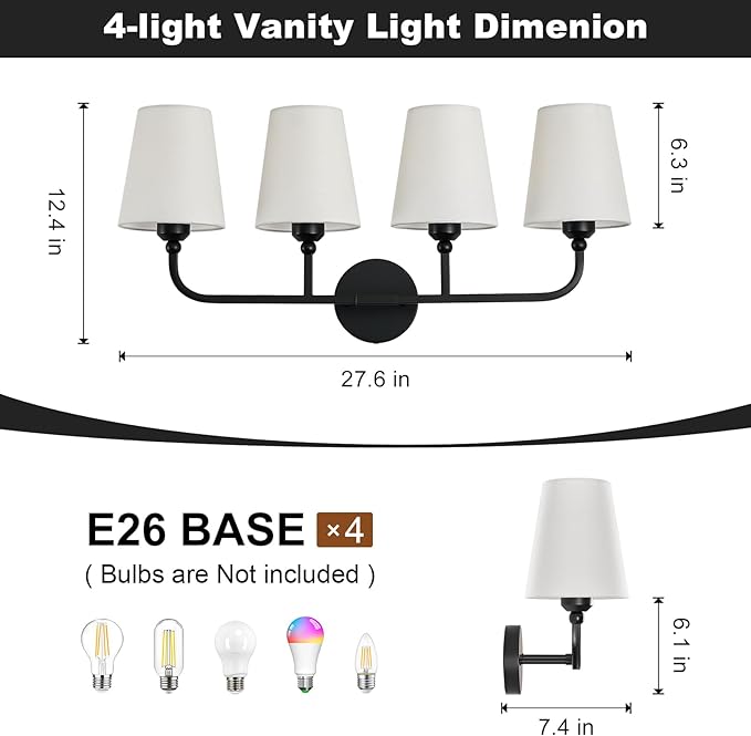 Bathroom Vanity Light, Matte Black Bathroom Light Fixtures, 4-Light Lighting Fixtures Over Mirror, Modern Wall Sconce with Flared White Fabric Shade, E26 Socket(ETL Listed)