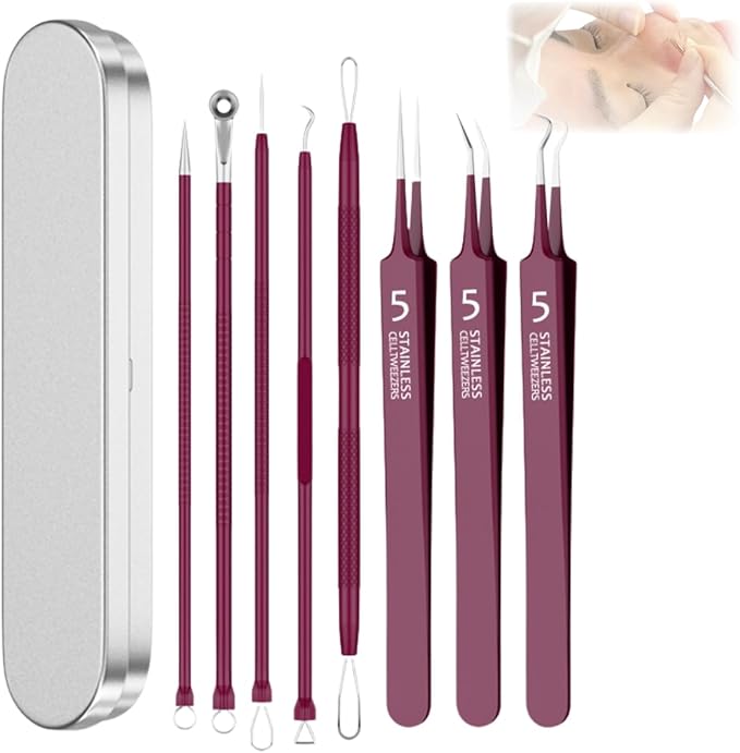 Usiveinborn Blackhead Remover Upgraded, Usiveinborn Blackhead Tweezers, Professional Upgraded Facial Blackhead Remover Tweezers, Blackhead Remover Tools Sets (A4-Red-8pcs)