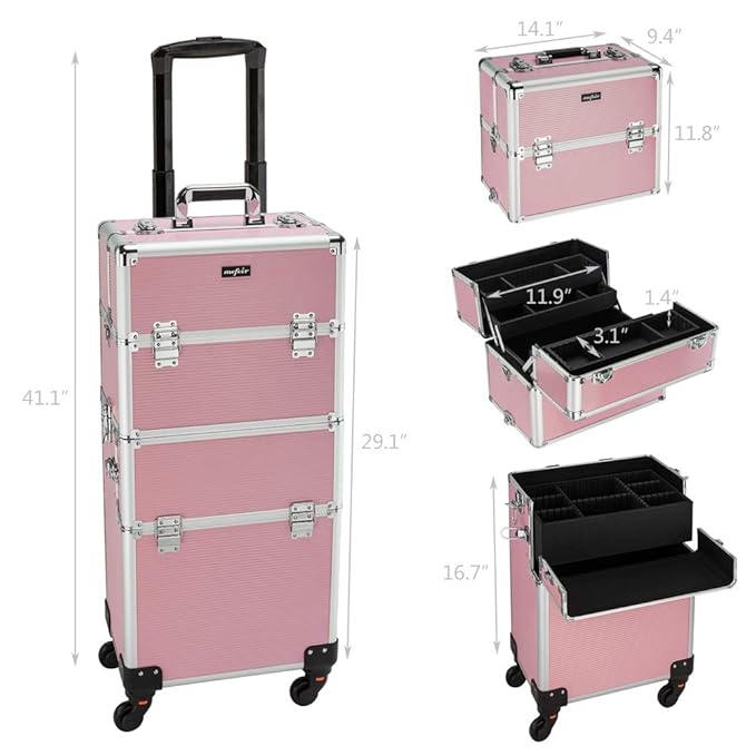 mefeir 2 in 1 Rolling Makeup Train Case, Makeup Travel Organizer Cosmetology Case, Aluminum Cosmetic Display Suitcase on Wheels, Beauty Storage Luggage Lockable w/4 Removable Wheels (Pink)