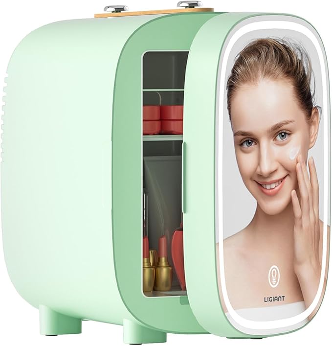 DF01A Skincare Fridge, With 3-Level Dimmable LED Light Mirror, Low Noise 4L Makeup Fridge for Skincare, Cooler & Warmer, Portable Design for Multiple Uses - Bedroom, Office, and Car