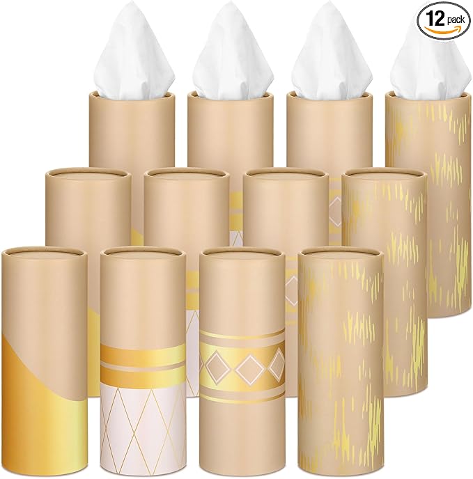 12 Pack Car Tissue Cylinder Holder Bulk with 3 Ply Facial Tissues, Round Napkin Holders for Car Cup Holder Cylinder Travel Paper Tubes Bulk Round Napkin Boxes Packs(Modern Gold Line)