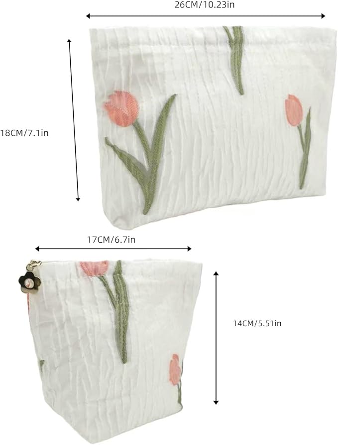 2-Pack Tulip Print Makeup Bag Set - White Fabric Cosmetic Organizer Pouches (1 Large + 1 Small) for Daily & Travel Use