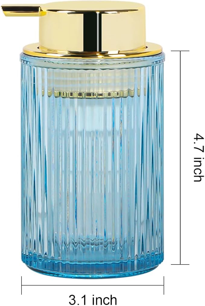 Foaming Soap Dispenser, 12 Oz Blue Glass Foam Hand Soap Dispenser, Refillable Glass Foam Pump Bottle Container Decorative Slim Ribbed Bottle for Bathroom and Kitchen