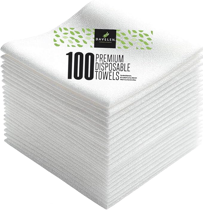 DAVELEN Disposable Large Luxury Towels (100-Count) Spa and Salon Quality Softness for Guests, Clients | Hair, Face, Body Use | Luxurious Comfort, Ecofriendly (100, 32x16 inches)