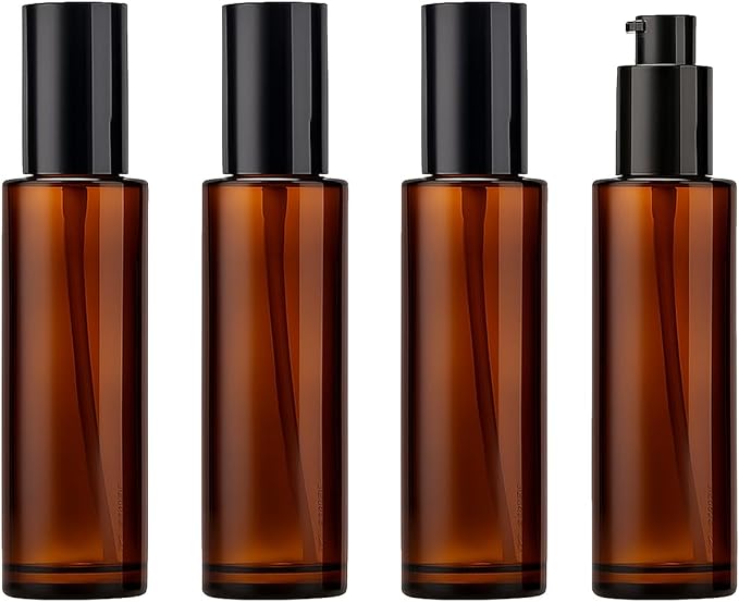 4Pcs 60ml Amber Lotion Pump Bottle Refillable Empty Glass Bottle Travel Size Cosmetic Containers for Liquid Soap, Shampoo, Conditioner, Serum