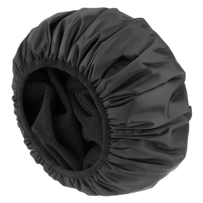 Shower Cap for Women, 2-in-1 Reusable Waterproof Shower Cap with Terry Cloth Lining, Bath Cap for Long Curly Thick Hair(Black)