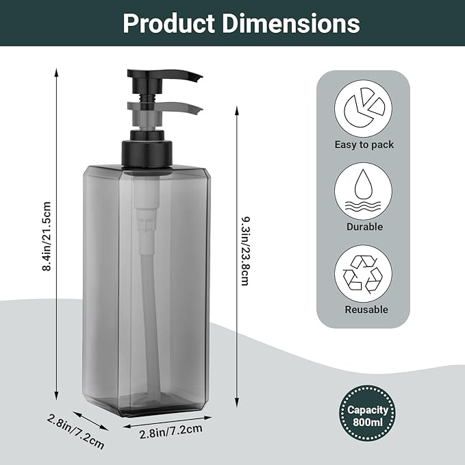 Suream 3 Packs Shampoo Dispenser, 27oz/800ml Square Plastic Shower Bottles Refillable with Labels, Shampoo Pump Dispenser for Bathroom Vanities, Grey