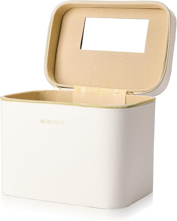 Luxury Hard white makeup box, Portable leather hard cosmetic case with mirror, Sturdy train case make up box for women adults. (Monolayer - white