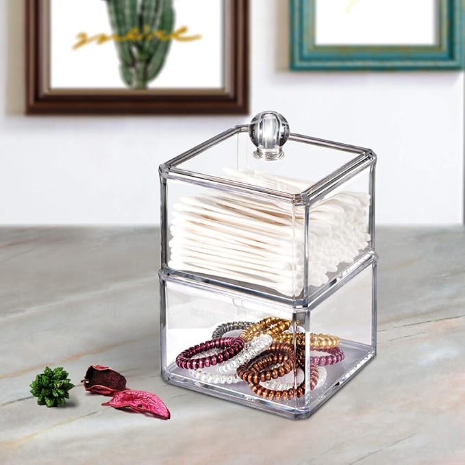 SheeChung 2-Pack Modern Square Acrylic Qtip Holder - Clear Apothecary Jars with Lids - Bathroom Vanity Storage Canister - Shatterproof Square Organizers for Cotton Swabs, Pads-Modern Minimalist Decor
