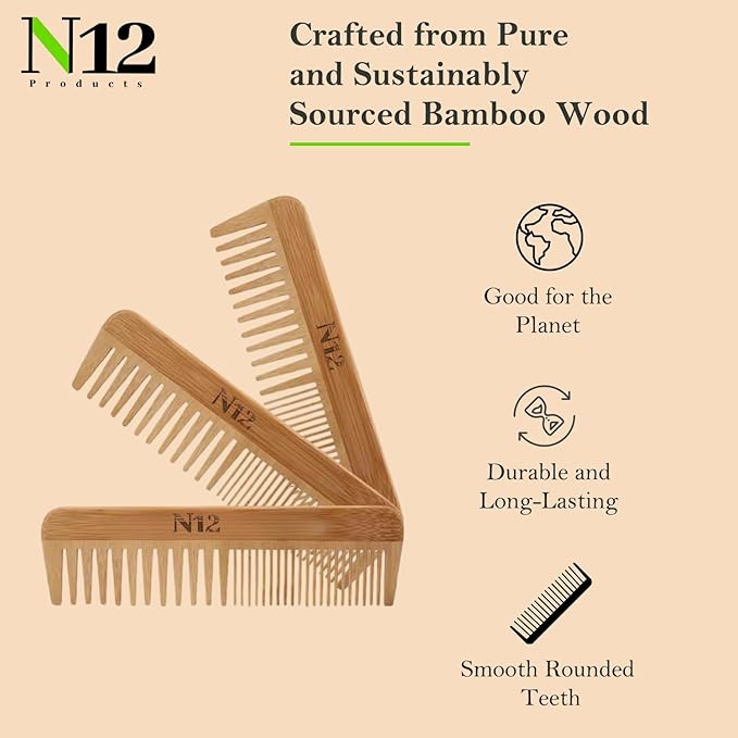 N12 Set of 3 Handmade Natural Bamboo Wooden Comb with Fine Wide Tooth, 17.5 cm - Eco-Friendly Anti-Frizz Detangler for Straight, Wavy, Curly Hair of Women, Men, Wood Birth Comb for Labour Pain