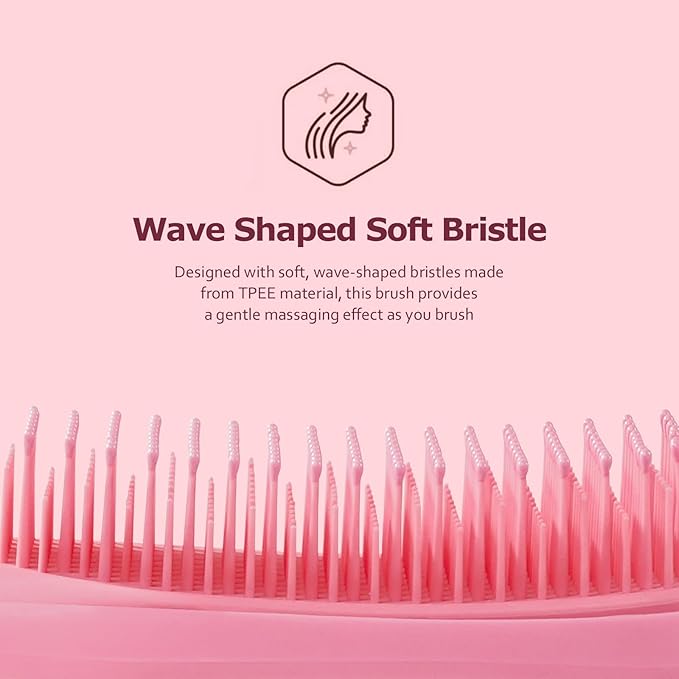 No Tangle Hair Brush for Wet or Dry, Wave-Shaped Detangler to Reduce Breakage, Lightweight Travel Hairbrush for Wavy, Thin, Long and Short Hair, Pink