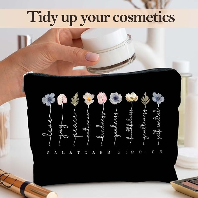 Christian Gifts Makeup Bag, Floral Christian Cosmetic Bags for Women, Galatians 5:22-23 Bible Verse Makeup Pouch, Faith Based Gifts Zipper Pouch(black)