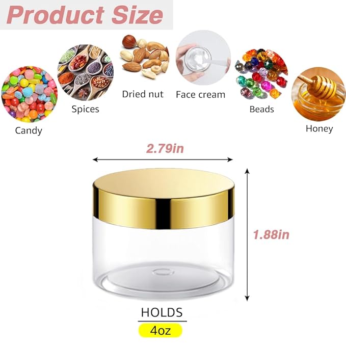 12 Pack 4 oz Plastic Cosmetic Containers With Silver Lids Refillable Clear Empty Travle Jars Containers for Body Butter,Sugar Scrubs,Cream,Lotions,Candy, Label&Spatulas