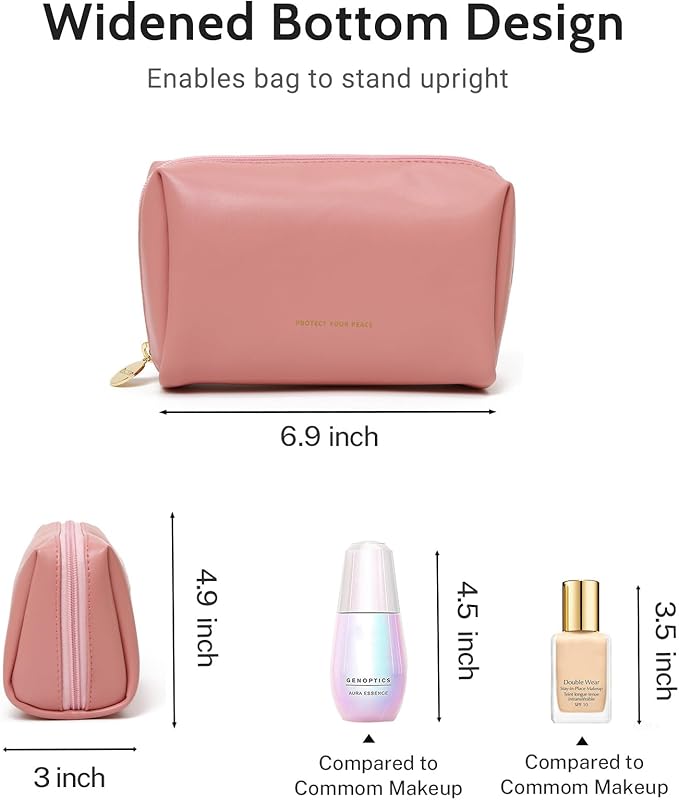 Aveniee Small Travel Makeup Bag, Vegan Leather Cosmetic Pouch for Purse,Wide-open Toiletry Organizer with Dividers & Zipper, Beauty Storage for Women-Dusty Rose