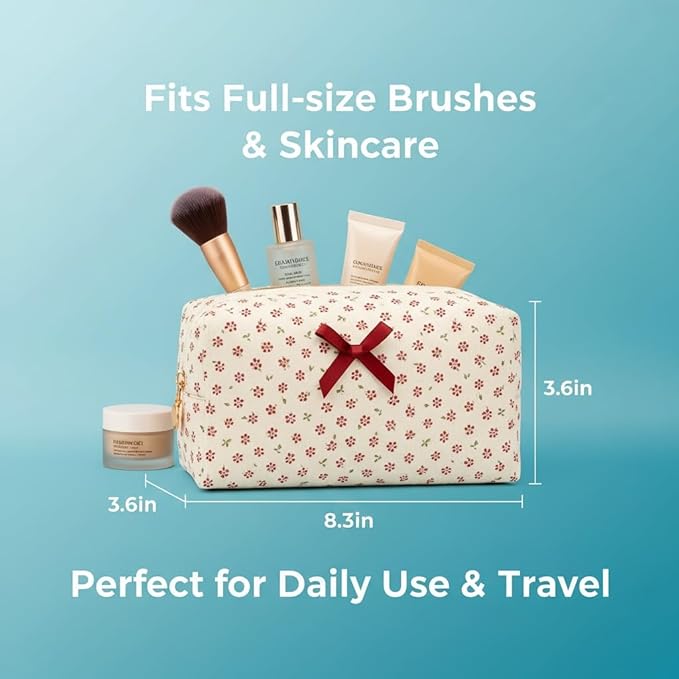 Floral Quilted Cotton Makeup Bag for Women, Large Capacity Travel Cosmetic Pouch with Zipper, Cute Toiletry & Brush Organizer, Kawaii Makeup Storage Case – Red Floral