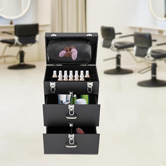 44.09lbs Lockable Makeup Train Case,Rolling Hairdressing Trolley,Beauty Salon Cosmetic Luggage with Universal Wheels for Hair Stylist,Make-up Artists (Black 6)