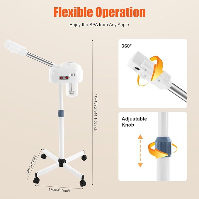 Professional Facial Steamer, Pedicure Steamer Machine with Water Tank and Wheel, Floor Standing Skin Care Equipment for Barber Stores, Beauty Salons (White)