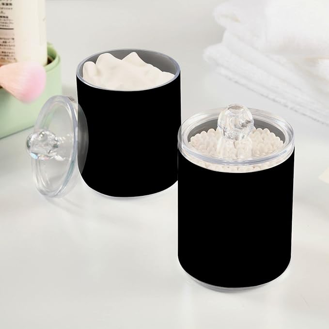 Black Qtip Holder Organizer Dispenser Cotton Swabs Cans Plastic Jars with Lid Set 4 Pack Bathroom Storage Canister for Cotton Ball Floss Cotton Pads