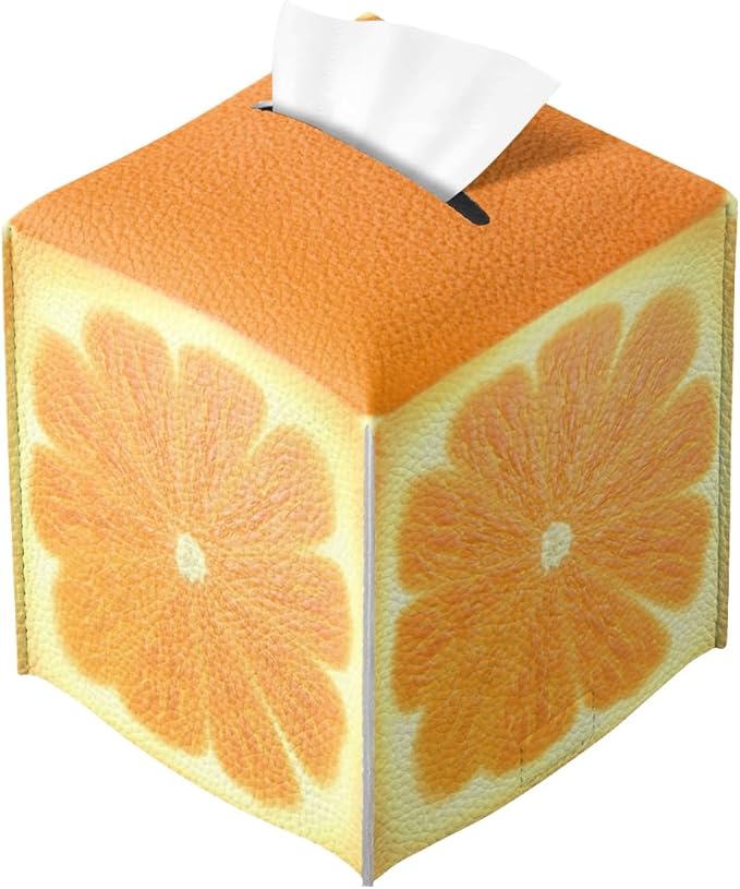 Cute Fruit Tissue Box Cover Funny Orange Citrus Square PU Leather Waterproof Tissue Box Holder for Bathroom Kitchen Bedroom Vanity Countertop Night Stands