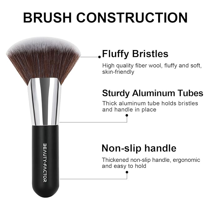 Bronzer Brush for Face - 12CM Fan-shaped Powder Blending Coutour Brush for Loose & Pressed with Fluffy & Soft and Dense Bristles Kabuki Makeup Brushes for Setting Powder, Foundation, Contour, Buffing