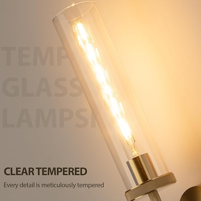 19.5" Knurled Gold Hardwired Wall Sconces Set of 2, Bathroom Vanity Light Fixtures with Clear Glass Tube, Modern Lamp Lighting for Bedroom, Living Room, Hallway, Staircase, Mirror, Kitchen