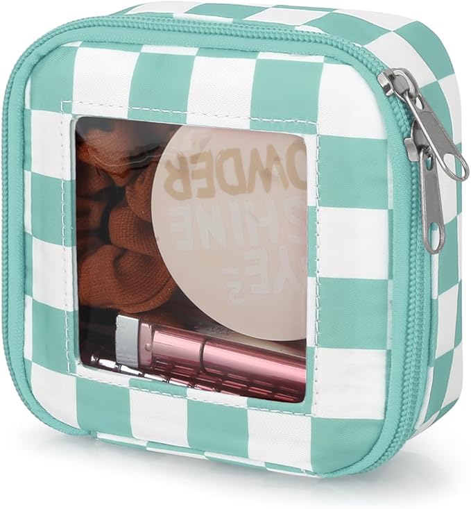 DOB SECHS Mini Checkered Bag for Purse 5.1'' x 5.1'' Small Makeup Bag for Car Cute Clear Cosmetic Bag with Zipper, Tiny Toiletry Bag Lipstick Organizer Pouch Travel Essential Storage Pouch, Mint Green