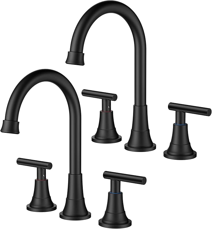 FORIOUS Matte Black Bathroom Faucet 3 Holes Vanity, 2 Handle 360° Swivel 8 In Widespread Black Bathroom Sink Faucet 3 Hole, with 360 Degree Rotating Spout, Pop-up Drain, Supply Lines, 2 Pack