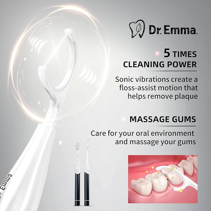 Dr. Emma Electric Vibration Flosser with Replaceable Floss Picks and Toothbrush, Power Flosser for Adults, Dental Flosser Kit for Teeth Cleaning, Water Flosser Alternative, Midnight