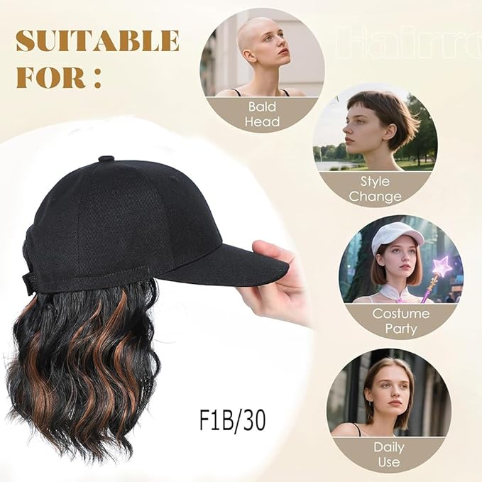 GUOJIAN Hat Wigs for Women 6' Short Wave Baseball Cap Wigs with Curly Hair Extensions Synthetic Wave Wig Adjustable Hat with Hair Attached for Daily Use (1B/30, 6inch)