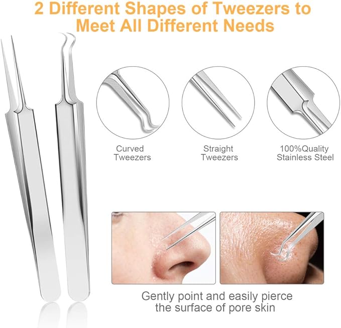 Blackhead Remover Tools, 9PCS Pimple Popper Tool Kit - Stainless Steel Pimple/Comedone Extractor & Tweezers for Acne/Zit Removal, Nose & Face Extraction Tools for Estheticians with Leather Case