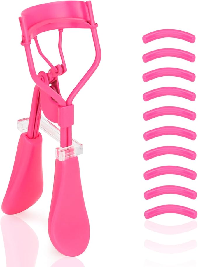 Eyelash Curler with Pads, Lash Curler with 10 Extra Silicone Replacement Pads, Comfortable Grip for Effortless Curling – Eyelashes for The Perfect Eye Contour (Light Pink)
