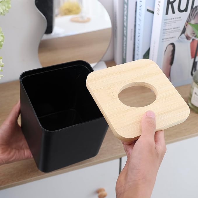 Square Tissue Box Cover,Black Tissue Box Holder,Bamboo Facial Cube Box Cover for Storage on Bathroom Vanity, Countertop, Bedroom Dresser