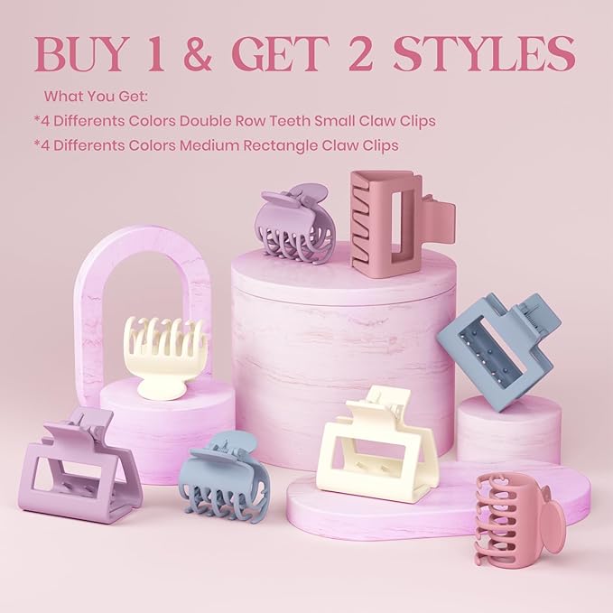 8 PCS Medium Hair Clips for Women Girls - 2 Styles Rectangle and Double Row Teeth Small Claw Clips for Thin Thick Fine Hair, Matte Non-slip Strong Hold Jaw Clips Hair Accessories (Colorful)