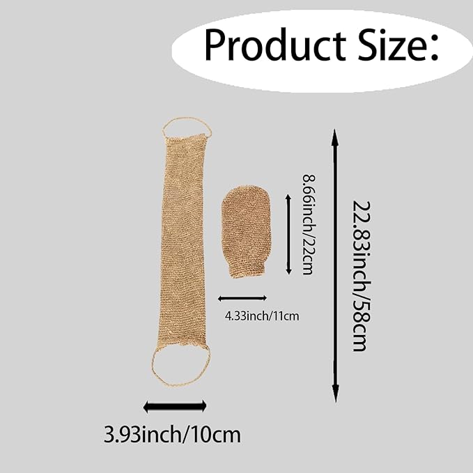 Hemp Exfoliating Back Scrubber Strap and Mitt Set, 2 in 1 Bath Body Loofah Scrubber, Anti-Slip Shower Exfoliator for Men and Women, Durable Eco-Friendly Skin Cleansing Tool for Spa and Bath