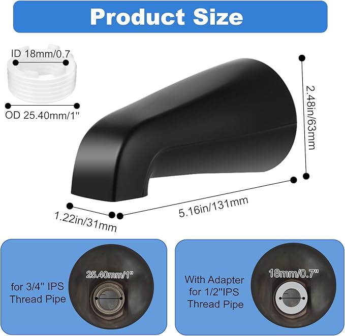 Universal Bath Tub Spout with Adapter, Bathtub Faucet Spout Without Diverter, 5" Length Bathtub Spout for 1/2'', 3/4'' IPS Inside Thread Connection and Tub/Shower Faucet (Matte Black)