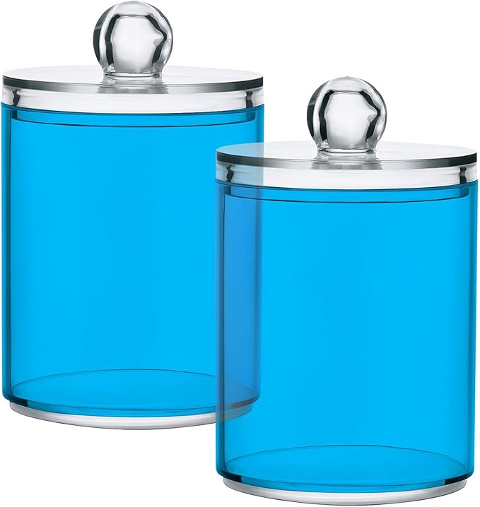 Sky Blue Qtip Holder Organizer Dispenser Cotton Swabs Cans Plastic Jars with Lid Set 4 Pack Bathroom Storage Canister for Cotton Ball Floss Cotton Pads
