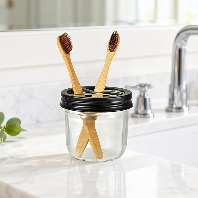Amolliar Mason Jar Bathroom Accessories Set 4 Pcs -Lotion Soap Dispenser & 2 Qtip Holders & Toothbrush Holder - Rustic Farmhouse Decor, Bathroom Home Decor (Black)
