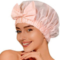 Reusable Shower Cap for Women with Stylish Bow, Non-Slip Waterproof Anti Humidity Bathing Cap, Roomy Anti Frizz for Short Medium Straight Wavy Hair, Soft Elastic & Machine Washable, Pink