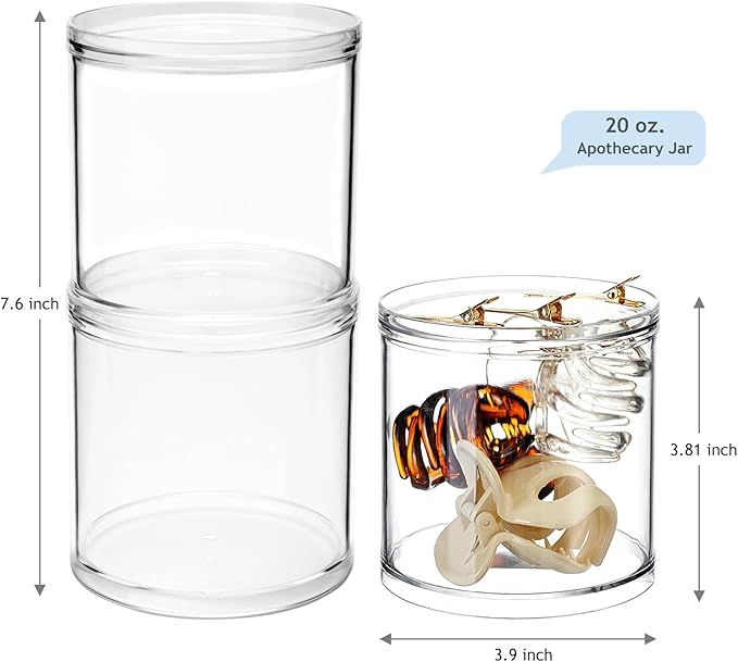 SheeChung 2-Pack Large 20oz Stackable Apothecary Jars - Clear Qtip Holder Dispenser with Storage Lids - Jumbo Size Bathroom Essentials Organizer for Cotton Balls, Pads, Bath Salts
