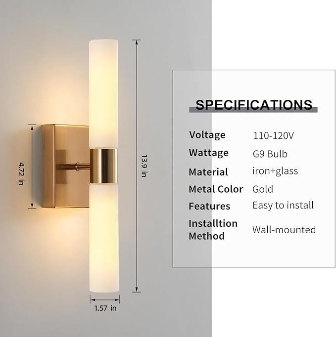 Modern Wall Sconces, Set of 2 Brushed Brass Gold, Frosted Glass Shade, Indoor Wall Mounted Lights, Bathroom Sconces, 36 cm, for Bedroom Wall Lamp