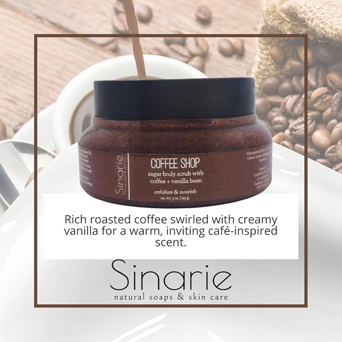 Exfoliating Sugar Scrub for Body – Hydrating Moisturizing Body Polish with Natural Oils – Gentle Spa Skincare for Smooth, Glowing Skin (5 oz., Coffee Shop (Coffee & Vanilla Bean))