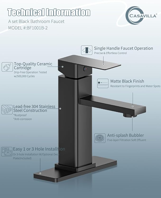 Bathroom Faucet Set with Pop Up Drain, Single Handle Black Bathroom Sink Faucet with Deck Plate, Farmhouse RV Vanity Faucets for Sink (1 Hole or 3 Holes)