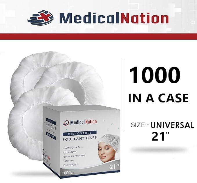 21" Disposable Bouffant Caps |CASE of 1000, White| Hairnets, Non-Woven, Non-Pleated Head Hair Covers |for Medical, Labs, Nurse, Tattoo, Food Service, Hospital, Cooking - Size 21" White